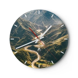 Väggklocka - Klocka på glas - Flygfoto över en bergsdal med en slingrande flod - 30x30cm - Direkt från fjällens hjärta - Modern väggdekoration för vardagsrum, kök och sovrum ARTTOR