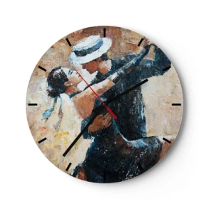 Väggklocka - Klocka på glas - Ett par som dansar i eleganta kläder, med hatt och dynamisk pose - 30x30cm - A la Rudolf Valentino - Modern väggdekoration för vardagsrum, kök och sovrum ARTTOR