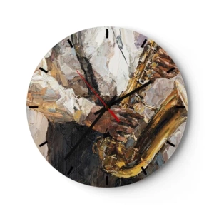 Väggklocka - Klocka på glas - En konstnärlig målning som visar en musiker som spelar saxofon - 30x30cm - Dags för solo - Modern väggdekoration för vardagsrum, kök och sovrum ARTTOR