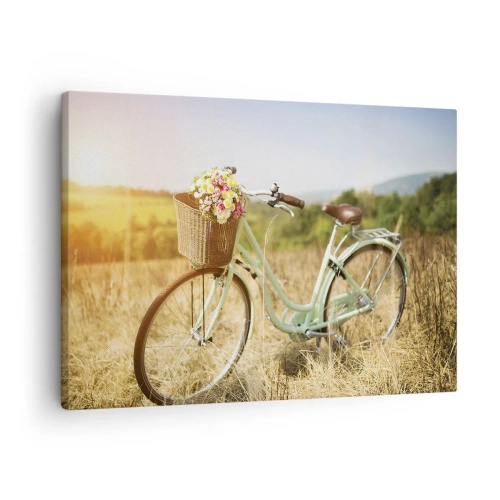 Canvastavla - Bild på duk - En retrocykel med en korg full av blommor mot en ängsbakgrund. - 70x50cm - Jag stannar här en stund - Modern väggdekoration för vardagsrum och sovrum ARTTOR