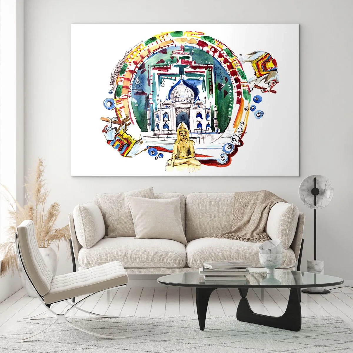 Glastavla - Bild på glas - Färgglad illustration av indiska landmärken i akvarellstil - 70x50cm - Indiska världsbalansen - Modern väggdekoration för vardagsrum och sovrum ARTTOR
