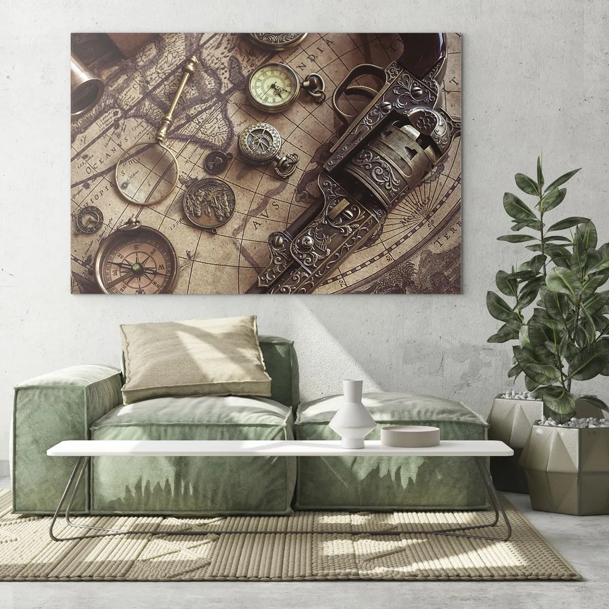 Glastavla - Bild på glas - Forntida föremål och en karta - 70x50cm - Äventyret kallar - Modern väggdekoration för vardagsrum och sovrum ARTTOR