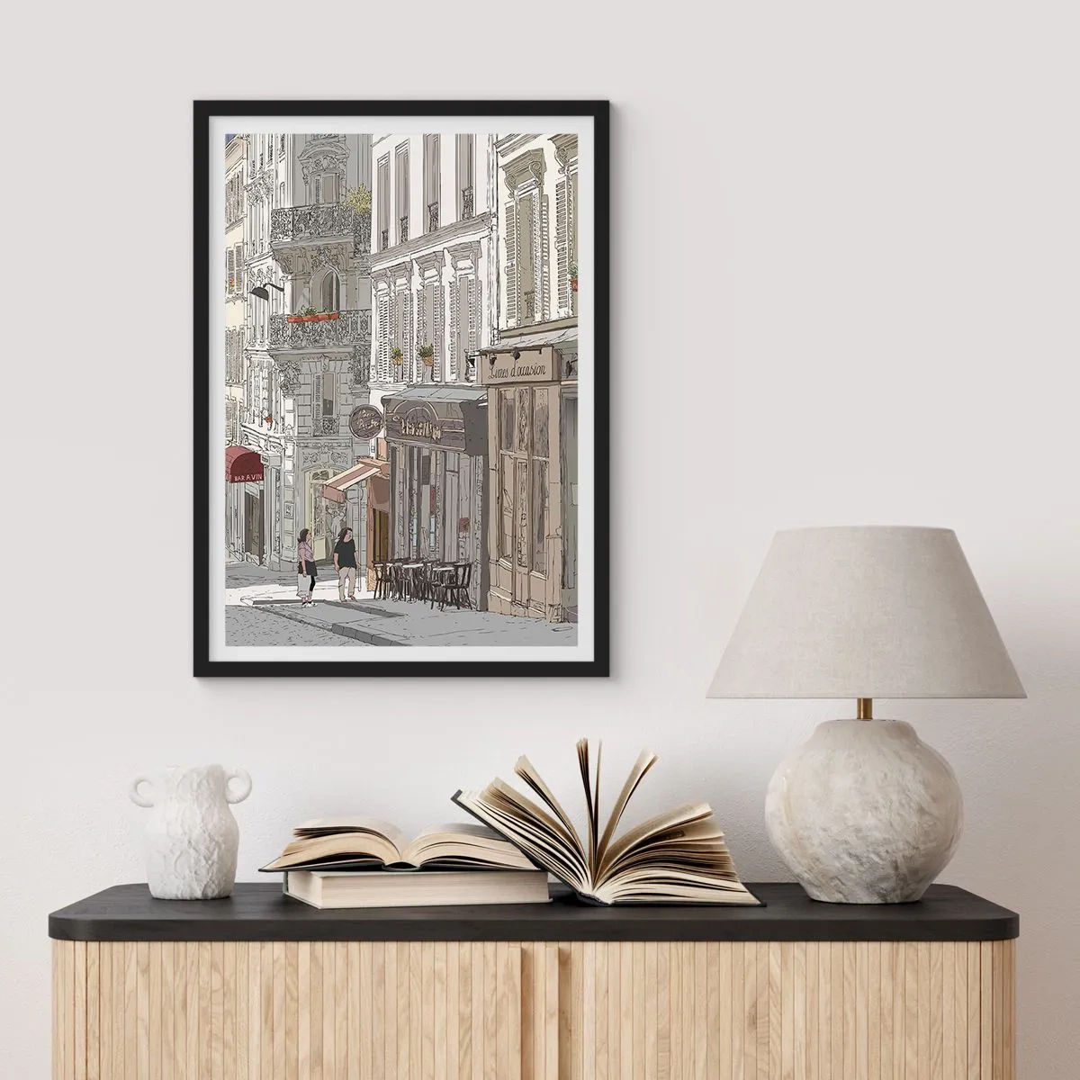 Affisch i svart ram - Illustration av en charmig gata i parisisk stil - 50x70cm - Stadens nöjen - Modern väggdekoration för vardagsrum och sovrum ARTTOR