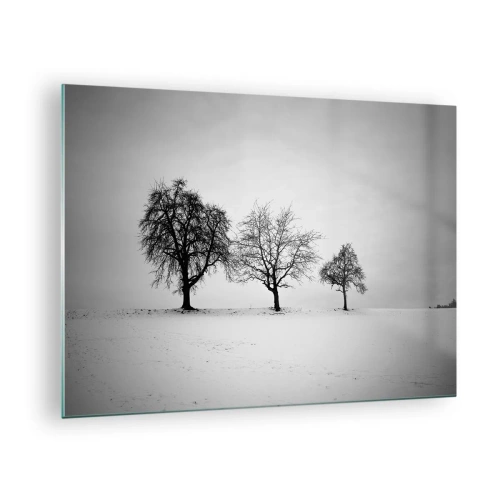 Glastavla - Bild på glas - Tre ensamma träd i ett snötäckt område - 70x50cm - Vad drömmer de om? - Modern väggdekoration för vardagsrum och sovrum ARTTOR