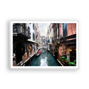 Affisch i vit ram - Venedig-landskap med gondol och bro - 100x70 cm