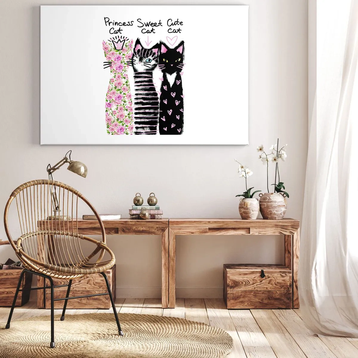 Canvastavla - Bild på duk - Tre katter med olika konstnärliga mönster - 70x50cm - Det var en gång tre katter - Modern väggdekoration för vardagsrum och sovrum ARTTOR