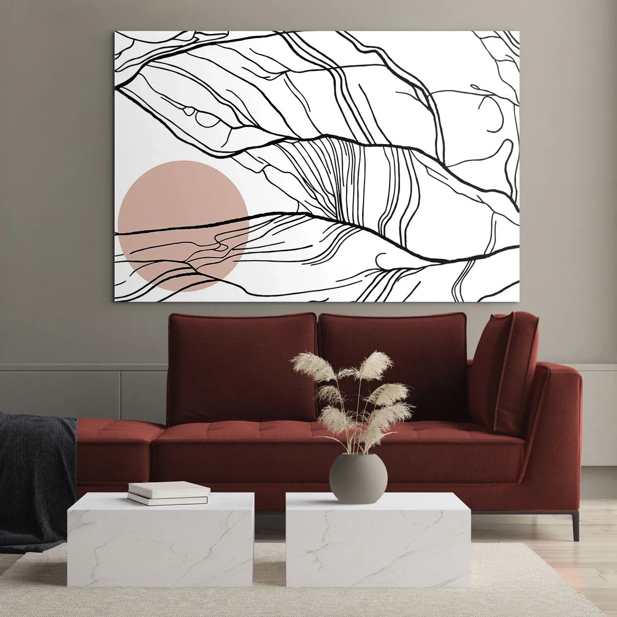 Glastavla - Bild på glas - Skuggiga grenlinjer med en beige sol - 70x50cm - I grenarnas nät - Modern väggdekoration för vardagsrum och sovrum ARTTOR