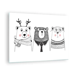 Glastavla - Bild på glas - Tre roliga björnar i en svartvit illustration - 70x50cm - Tre björnar  - Modern väggdekoration för vardagsrum och sovrum ARTTOR