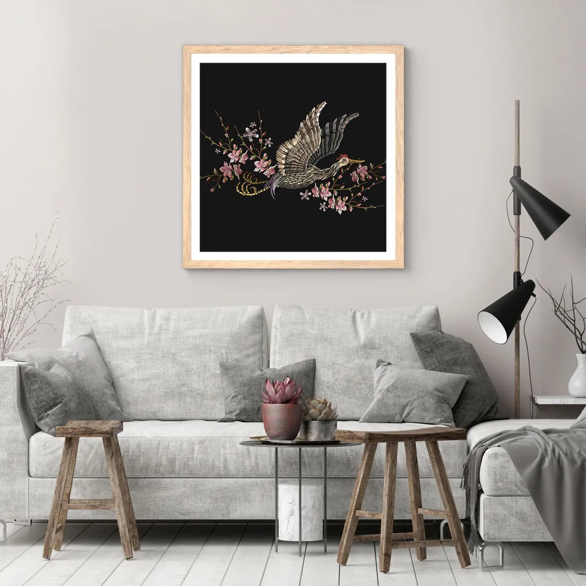 Affisch i ram av ljusek - Exotisk, broderad fågel - 30x30 cm