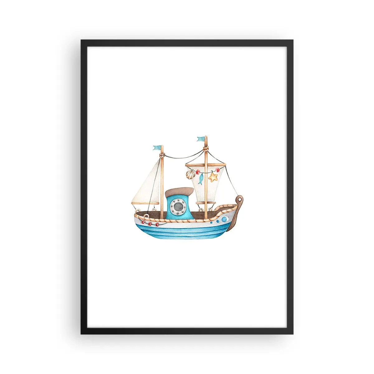 Affisch i svart ram - Akvarellskepp i pastellnyanser av blått och beige - 50x70cm - Ohoj, äventyret! - Modern väggdekoration för vardagsrum och sovrum ARTTOR