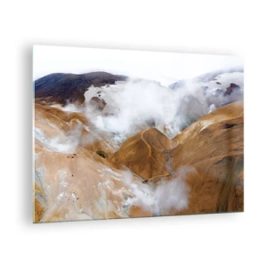 Glastavla - Bild på glas - Flygfoto över ångande isländska kullar och dalar - 70x50cm - Islands råa skönhet - Modern väggdekoration för vardagsrum och sovrum ARTTOR