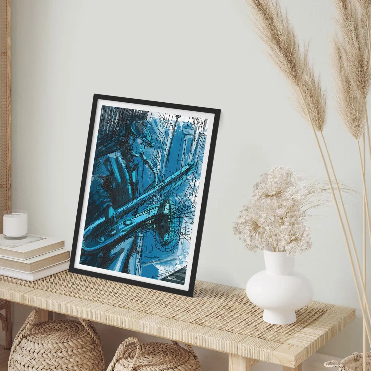 Affisch i svart ram - Konstnärlig skiss av en musiker som spelar saxofon - 50x70cm - Stadsrapsodi - Modern väggdekoration för vardagsrum och sovrum ARTTOR
