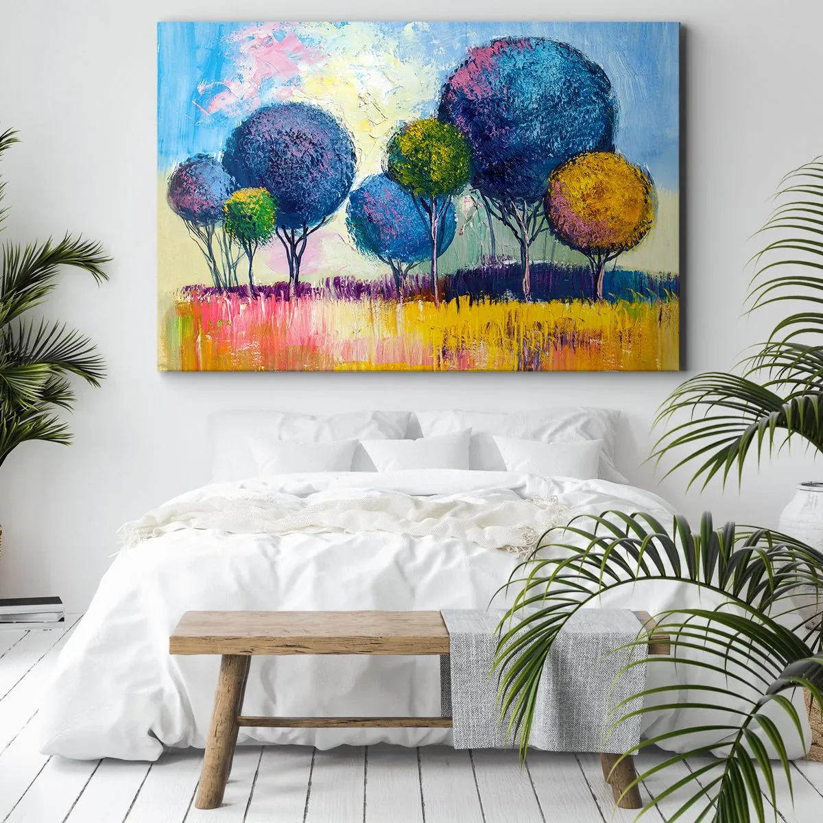 Canvastavla - Bild på duk - Färgglada bollformade träd mot bakgrund av ett landskap - 70x50cm - Kula - den perfekta formen - Modern väggdekoration för vardagsrum och sovrum ARTTOR