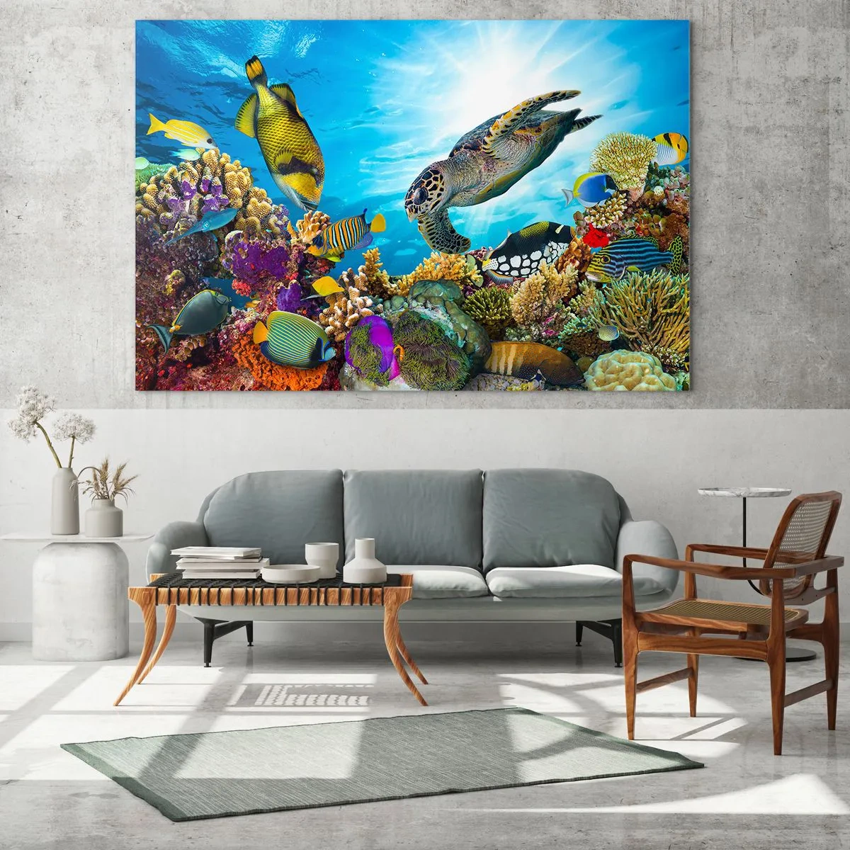 Glastavla - Bild på glas - Undervattensscen med sköldpadda, fisk och koraller - 70x50cm - Korallpromenad - Modern väggdekoration för vardagsrum och sovrum ARTTOR
