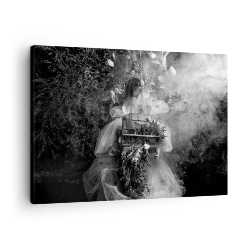 Canvastavla - Bild på duk - En svartvit komposition med en figur i klänning och en bur i dimman. - 70x50cm - Bara Moder - Natur - Modern väggdekoration för vardagsrum och sovrum ARTTOR