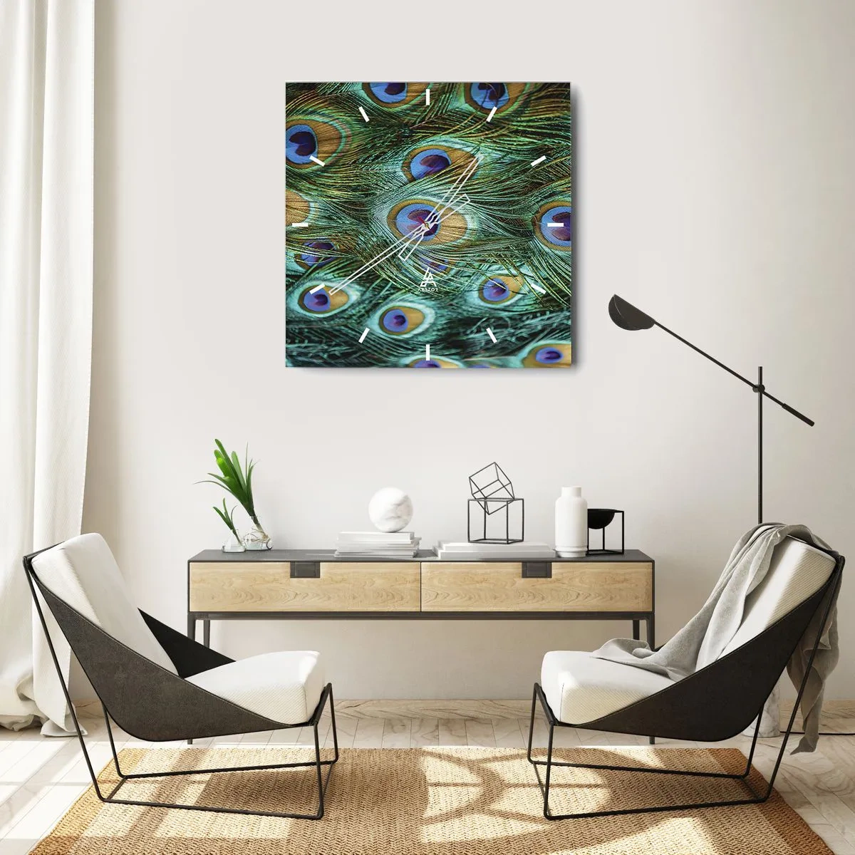 Väggklocka - Klocka på glas - Påfågels blick - 30x30 cm