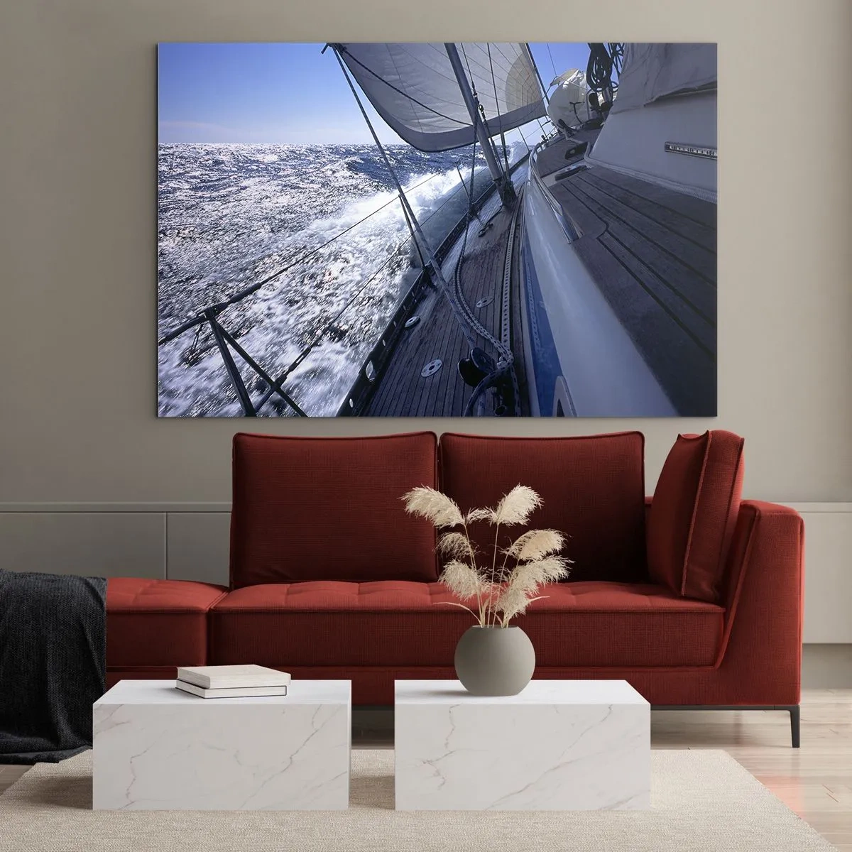 Glastavla - Bild på glas - En yacht som seglar på ett stormigt hav i soligt väder - 70x50cm - Jag vet hur det är att vara en fågel - Modern väggdekoration för vardagsrum och sovrum ARTTOR
