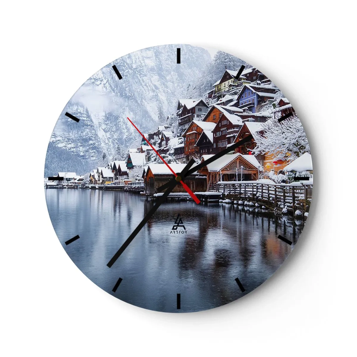 Väggklocka - Klocka på glas - Vinterbergslandskap med stugor vid sjön - 30x30cm - I vinterns dräkt - Modern väggdekoration för vardagsrum, kök och sovrum ARTTOR