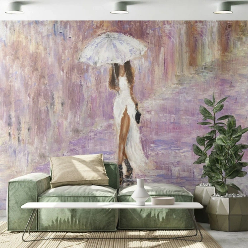Fototapet Standard Eco - Under lila regn - Kvinna, Mode, Gå i regnet - 350x256 cm