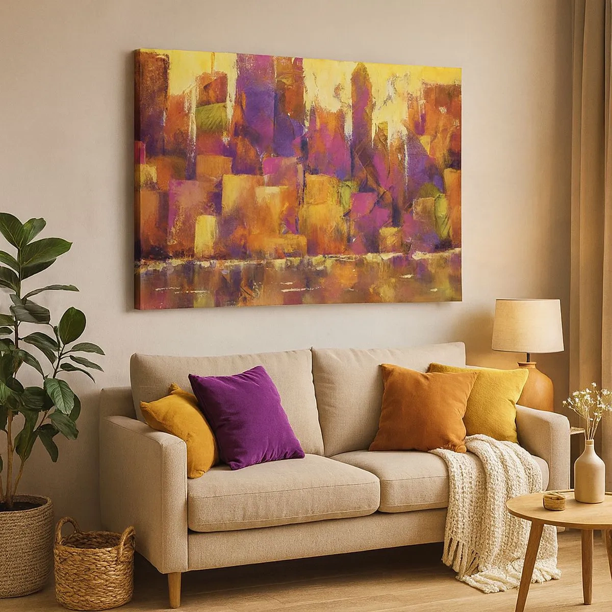 Canvastavla - Bild på duk - Abstrakt komposition av en metropol i nyanser av gult och lila - 70x50cm - Metropolis komposition - Modern väggdekoration för vardagsrum och sovrum ARTTOR