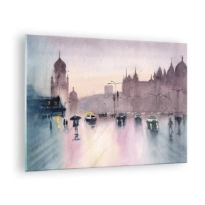 Glastavla - Bild på glas - Regnig stadsbild - 70x50cm - I regnig dimma - Modern väggdekoration för vardagsrum och sovrum ARTTOR