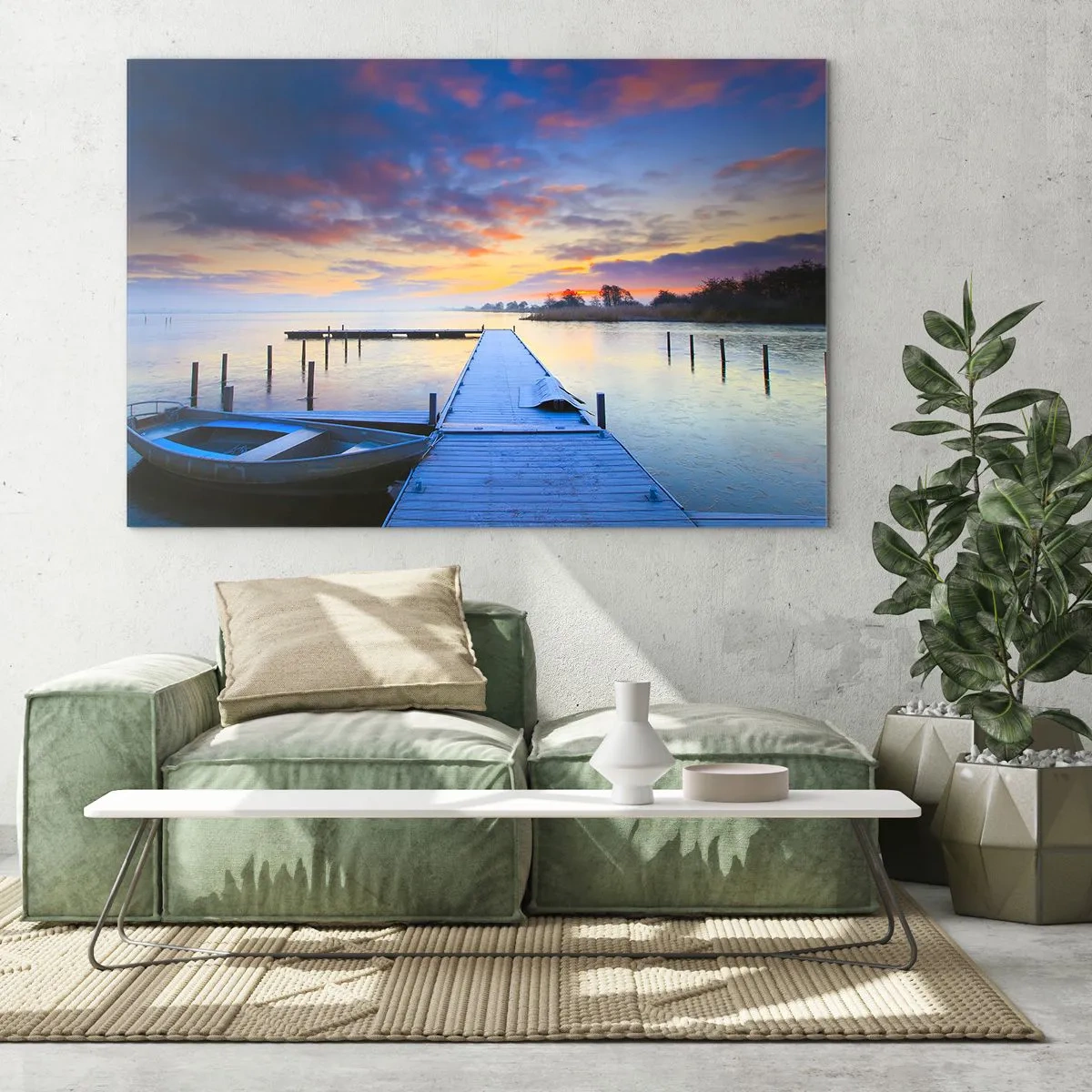 Glastavla - Bild på glas - En pir vid sjön i gryningen omgiven av fridfull natur - 70x50cm - Violet-guld ro - Modern väggdekoration för vardagsrum och sovrum ARTTOR