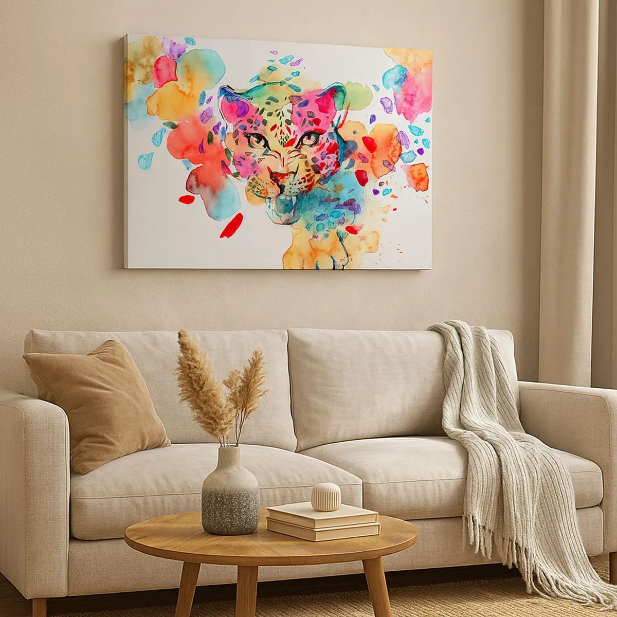 Canvastavla - Bild på duk - Abstrakt porträtt av en leopard i intensiva färger - 70x50cm - Skönheten och odjuret - Modern väggdekoration för vardagsrum och sovrum ARTTOR