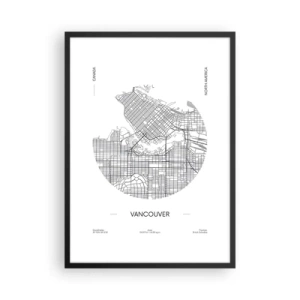 Affisch i svart ram - En minimalistisk svartvit karta över Vancouver - 50x70cm - Vacouvers anatomi - Modern väggdekoration för vardagsrum och sovrum ARTTOR