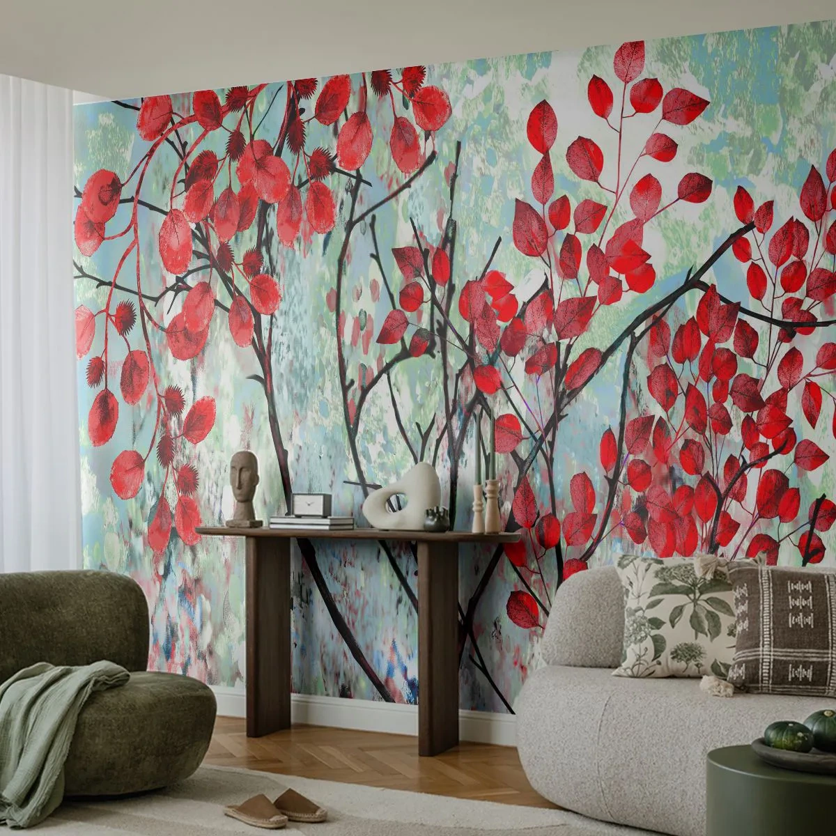 Fototapet Premium Canvas - Träd i scharlakansröd - Abstraktion, Röda löv, Gren - 400x280 cm