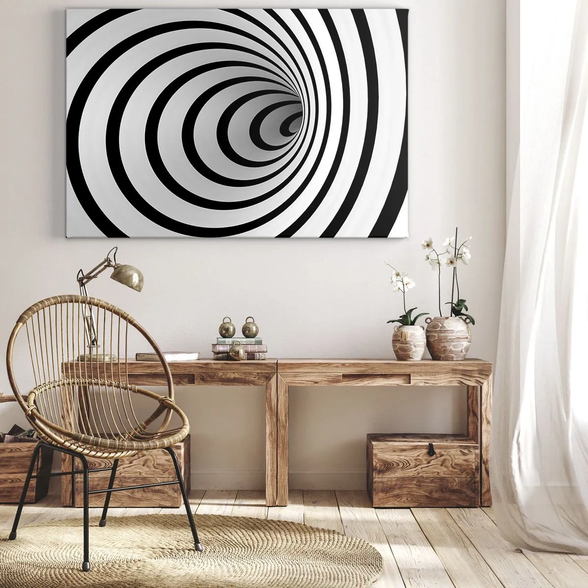 Canvastavla - Bild på duk - En svartvit spiral som skapar en hypnotisk effekt - 70x50cm - Kan du inte motstå? - Modern väggdekoration för vardagsrum och sovrum ARTTOR