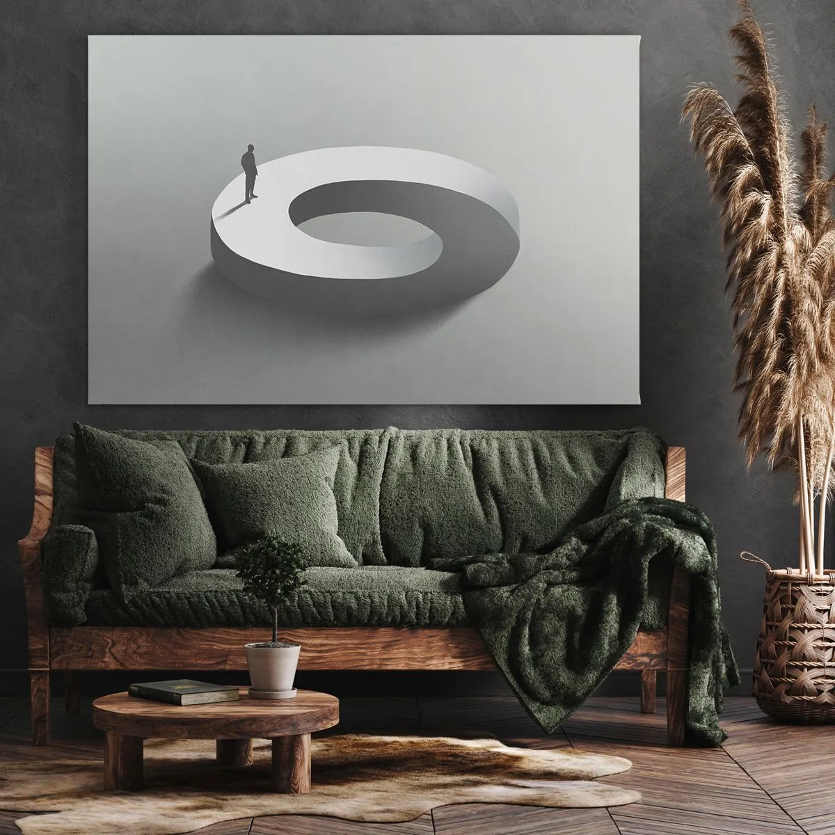 Canvastavla - Bild på duk - En man på en grå, abstrakt struktur - 70x50cm - Och försök att vara klok - Modern väggdekoration för vardagsrum och sovrum ARTTOR