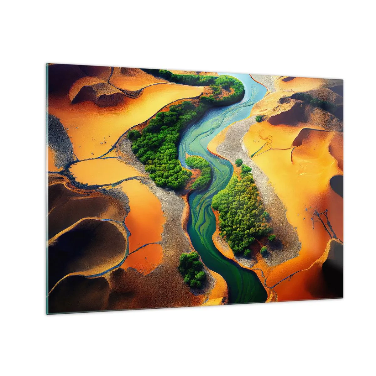Glastavla - Bild på glas - Gröna oaser och en flod bland orange sanddyner - 70x50cm - Livgivande flod - Modern väggdekoration för vardagsrum och sovrum ARTTOR