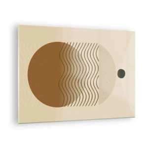 Glastavla - Bild på glas - Geometrisk komposition med vågor och cirklar i beige färger - 70x50cm - Om geometriska figurers ursprung - Modern väggdekoration för vardagsrum och sovrum ARTTOR