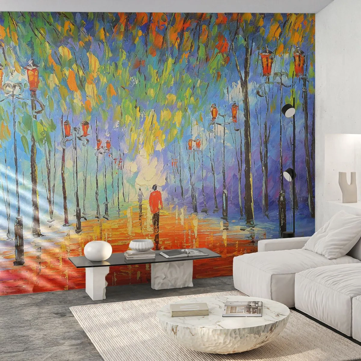 Fototapet Standard Eco - En färgglad gränd med lyktor och en figur i fjärran - 100x70cm - Regnets nattvisa - Modern väggdekoration för vardagsrum och sovrum ARTTOR