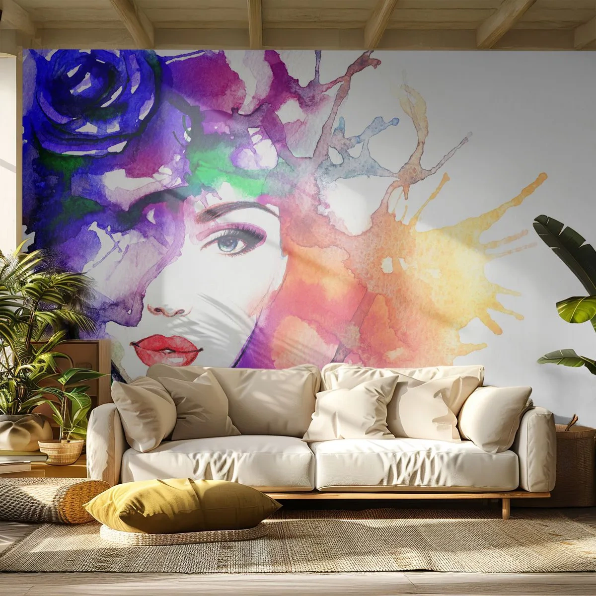 Självhäftande Fototapet Deluxe Sticker - Med huvudet i himlen - Kvinna, Kvinnans ansikte, Abstraktion - 250x175 cm