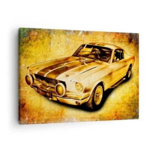 Canvastavla - Bild på duk - Klassisk retro sportbil på en vintagebakgrund i guldtoner - 70x50cm - Galna 70-talet - Modern väggdekoration för vardagsrum och sovrum ARTTOR