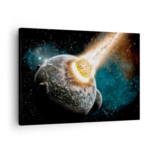 Canvastavla - Bild på duk - Kosmisk kollision mellan en planet och en asteroid i närheten av galaxen. - 70x50cm - Förödelse eller födsel? - Modern väggdekoration för vardagsrum och sovrum ARTTOR