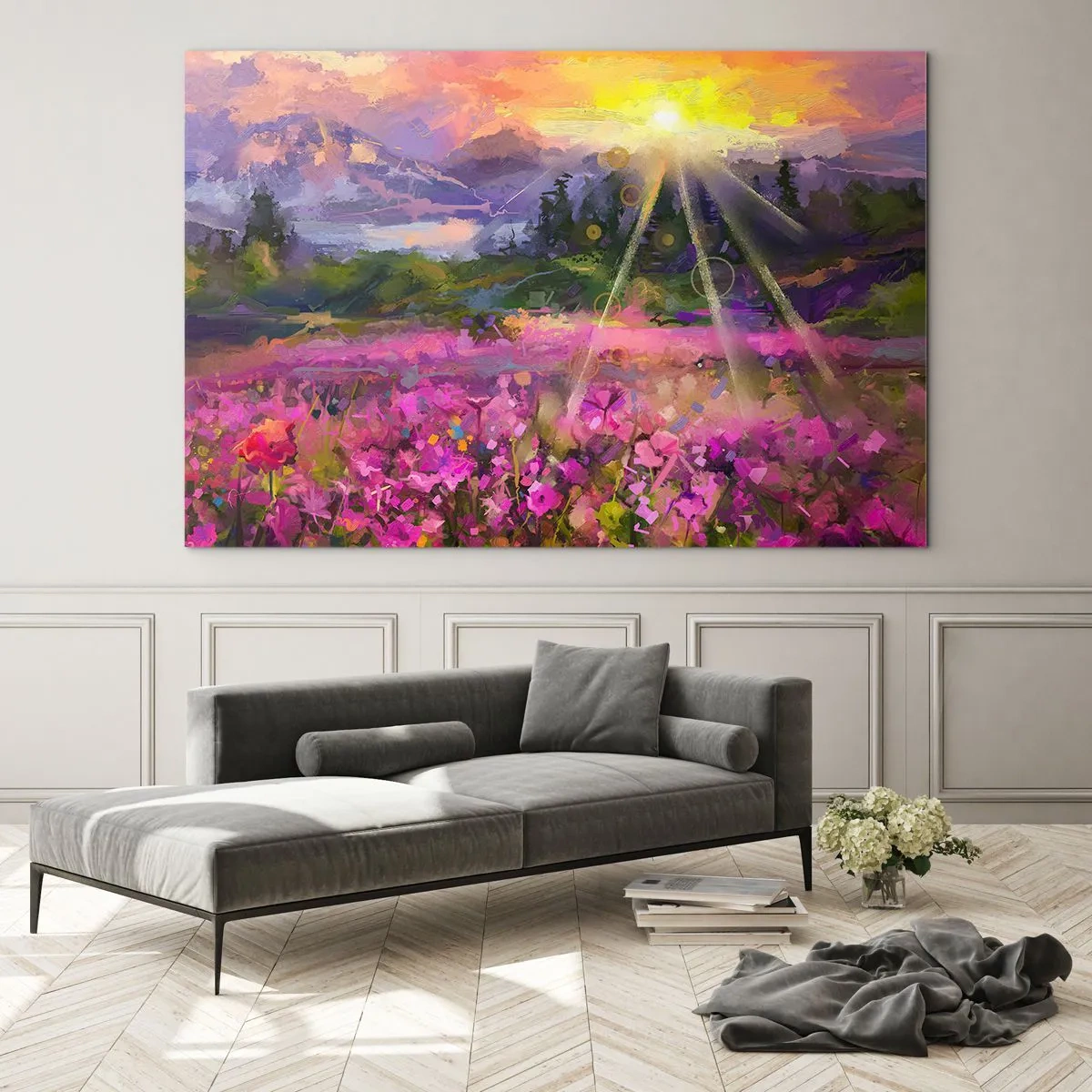 Glastavla - Bild på glas - En pittoresk dal full av blommor upplyst av solens strålar - 70x50cm - I dalen under solens beskydd - Modern väggdekoration för vardagsrum och sovrum ARTTOR