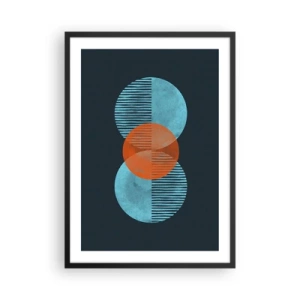 Affisch i svart ram - Symmetriska cirklar i nyanser av blått och orange med linjer - 50x70cm - Symmetrisk komposition - Modern väggdekoration för vardagsrum och sovrum ARTTOR