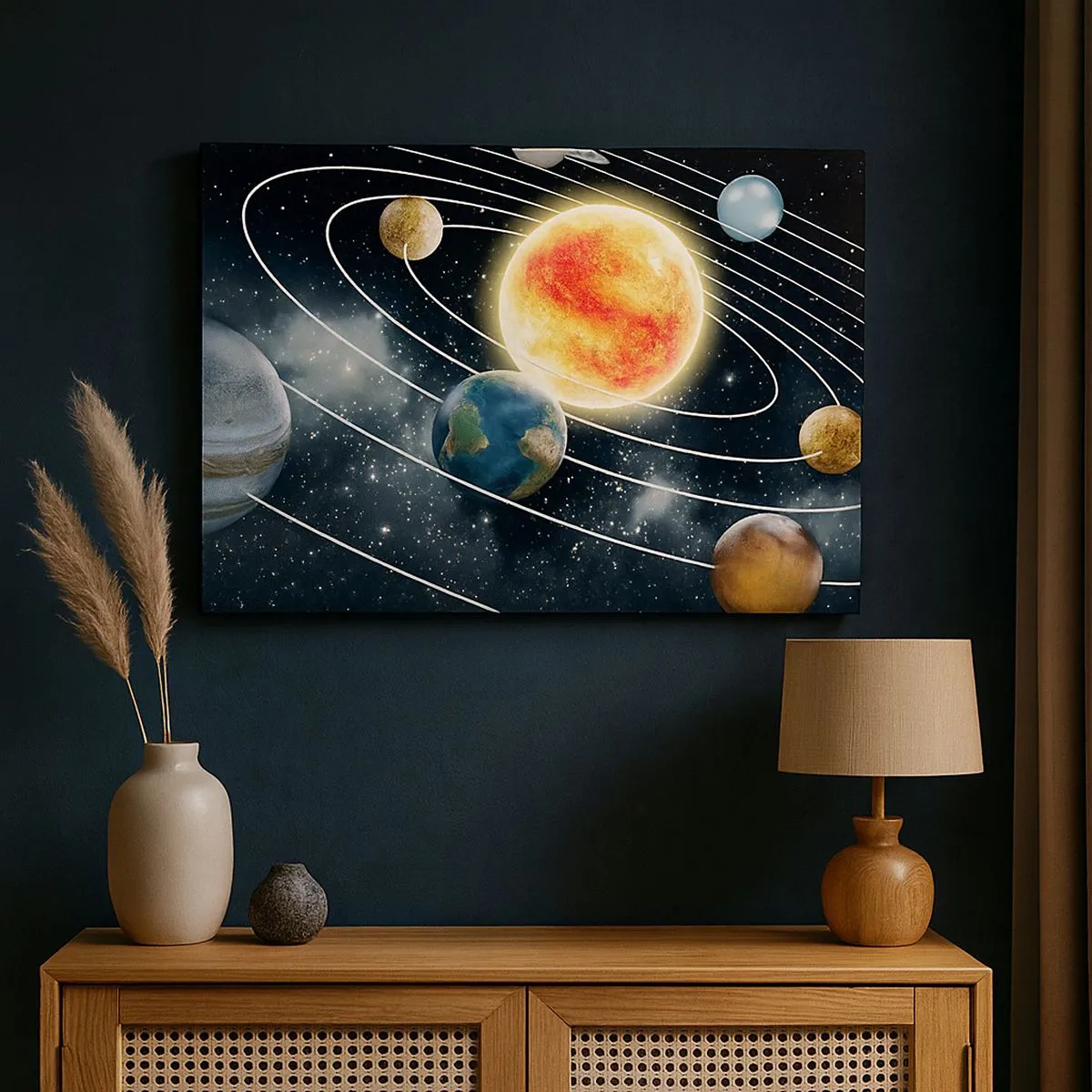 Canvastavla - Bild på duk - Solsystemet med planeter och solen i rymden - 70x50cm - Rymddans - Modern väggdekoration för vardagsrum och sovrum ARTTOR