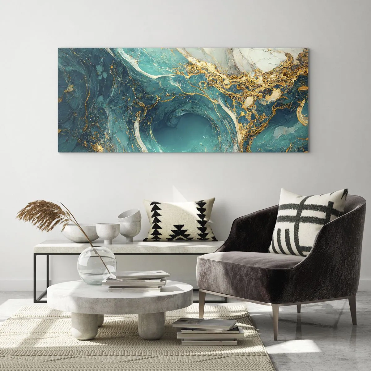 Glastavla - Bild på glas - En komposition med guldådror - 100x40 cm
