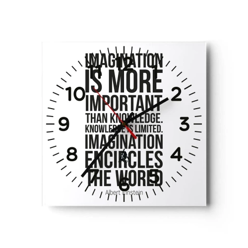 Väggklocka - Klocka på glas - Einstein om fantasins styrka - 40x40 cm