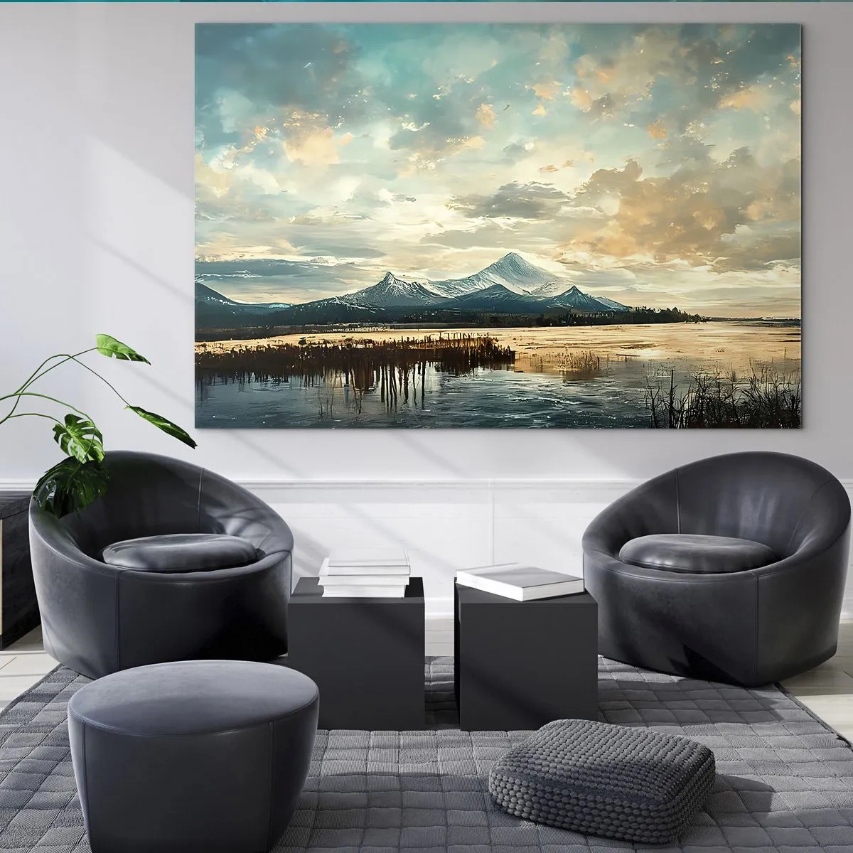 Glastavla - Bild på glas - Vinterlandskap med berg och en frusen sjö - 70x50cm - Under himlens skydd - Modern väggdekoration för vardagsrum och sovrum ARTTOR