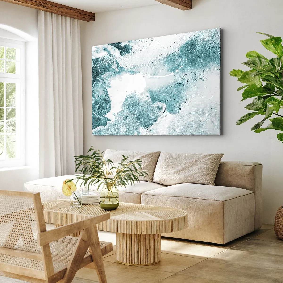 Canvastavla - Bild på duk - Abstraktion i blå nyanser med delikata vita accenter - 70x50cm - Blåa laguner - Modern väggdekoration för vardagsrum och sovrum ARTTOR