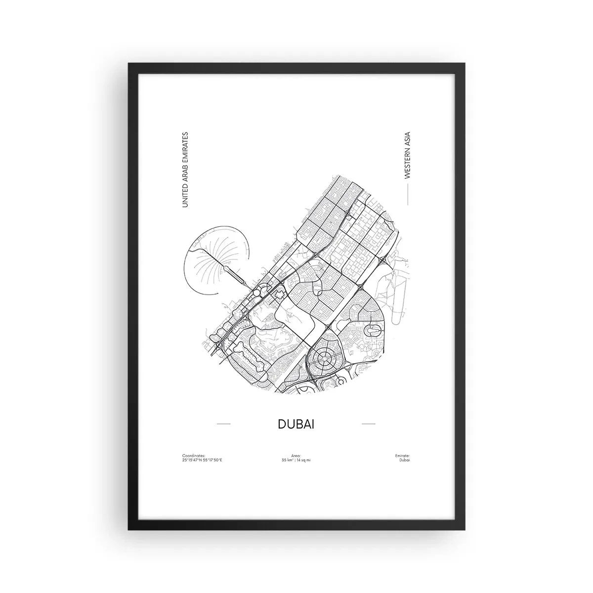 Affisch i svart ram - Minimalistisk svartvit karta över Dubai - 50x70cm - Dubais anatomi - Modern väggdekoration för vardagsrum och sovrum ARTTOR