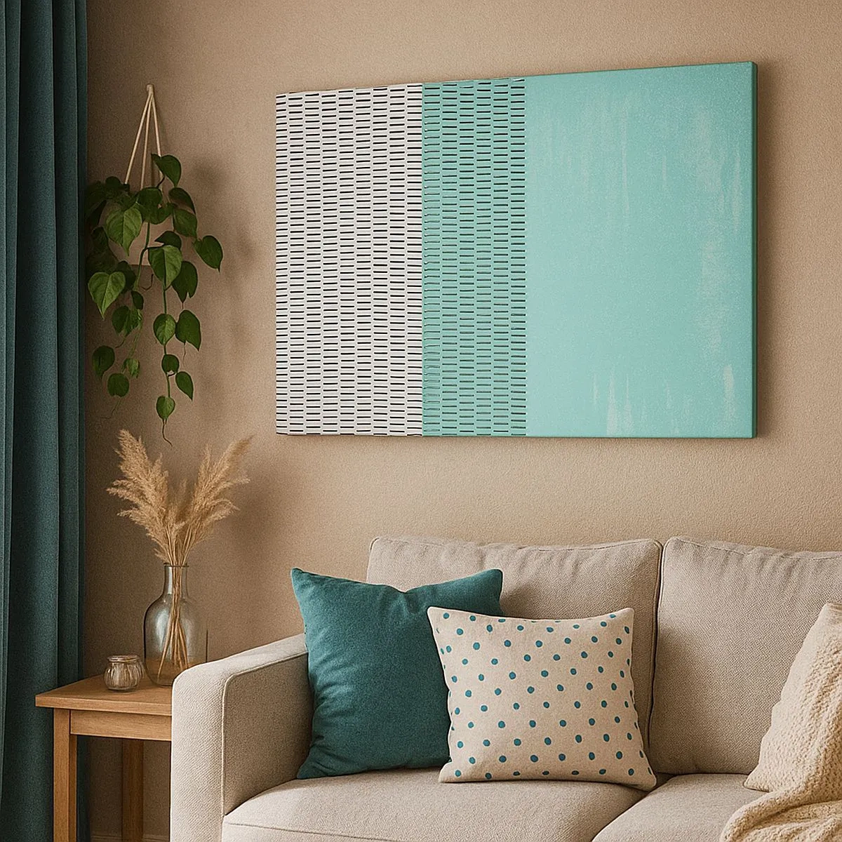 Canvastavla - Bild på duk - Geometrisk komposition med turkos och linjer - 70x50cm - Balanserad komposition - Modern väggdekoration för vardagsrum och sovrum ARTTOR