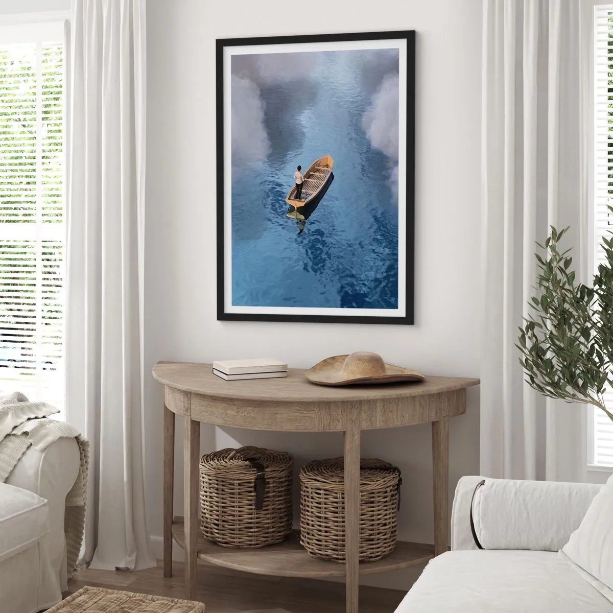 Affisch i svart ram - En person i en båt som flyter på vatten som speglar himlen och molnen. - 50x70cm - Livet - resan - det okända - Modern väggdekoration för vardagsrum och sovrum ARTTOR
