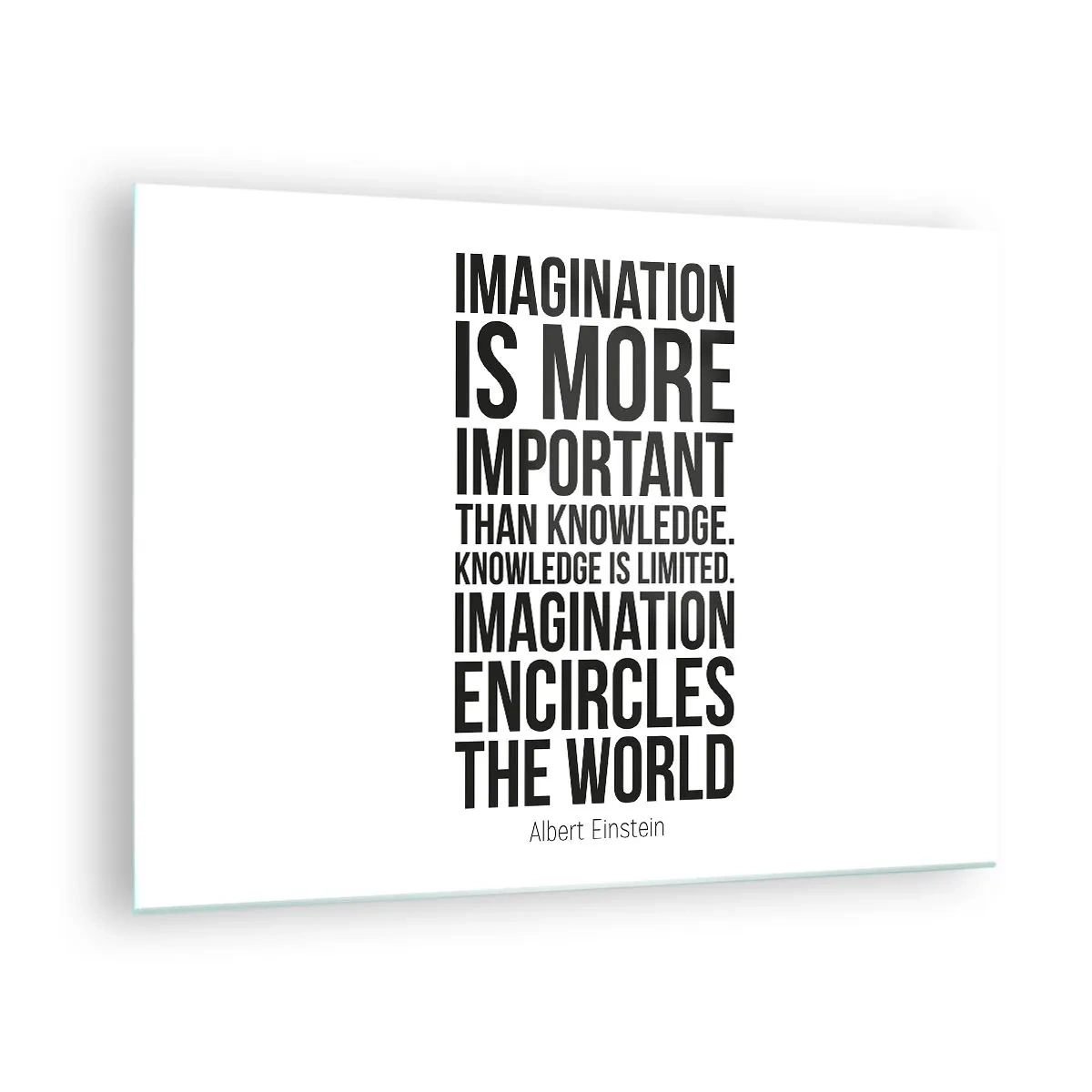 Glastavla - Bild på glas - Ett citat om fantasi i minimalistisk typografi - 70x50cm - Einstein om fantasins styrka - Modern väggdekoration för vardagsrum och sovrum ARTTOR