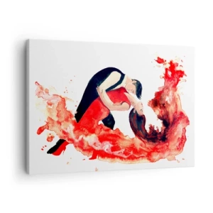 Canvastavla - Bild på duk - En dynamisk akvarellmålning av ett dansande par i röda färger. - 70x50cm - Tango - den sensuella vågen - Modern väggdekoration för vardagsrum och sovrum ARTTOR