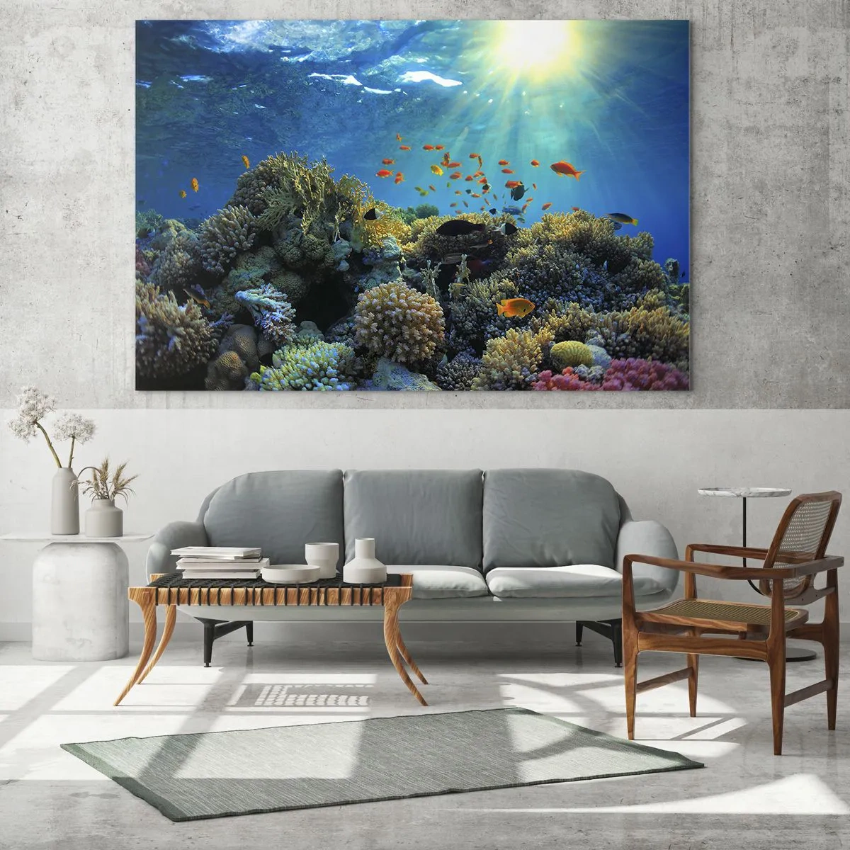 Glastavla - Bild på glas - Ett färgglatt korallrev upplyst av solens strålar - 70x50cm - Undervatenskatter - Modern väggdekoration för vardagsrum och sovrum ARTTOR